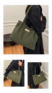 Detailed view of dark green corduroy tote bag with fashion leather patch and large capacity