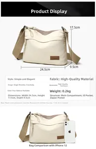 Size chart of nylon shoulder bag with dimensions and phone size comparison view
