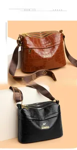 Detail of the multi-layer zippers and detachable floral wide strap on textured handbags