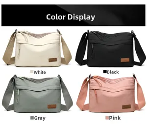 Waterproof nylon crossbody bags shown in white, black, grey, and pink color options
