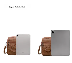 Brown crossbody bag size comparison shown between iPad mini and standard iPad models