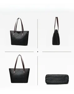 Detailed four-way views of black woven tote bag with brown leather handles and rivets