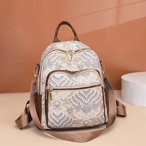 Retro wave jacquard backpack with brown leather trim and multi-pocket design