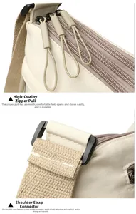 Detail view of multi-layer zippers and durable shoulder strap buckles on nylon bag
