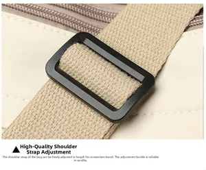 Detail of premium adjustable nylon shoulder strap with matte black buckle on bag