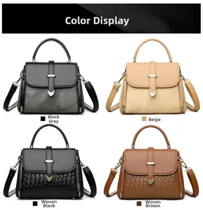 Detailed view of woven and suede leather crossbody bags in four elegant colors