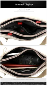 Internal view of nylon crossbody bag with three main compartments and one zipper pocket