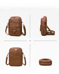 Detailed views of a khaki crossbody bag with stitching and a silver earphone port