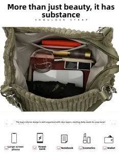 Top view of spacious corduroy tote interior showing pockets for phone and cosmetics