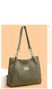 Detailed close-up of corduroy texture and silver chain strap on olive green tote bag
