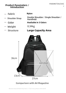 Detailed dimension chart for lightweight nylon backpack showing A4 size compatibility