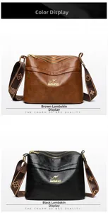 Close-up of sheepskin leather crossbody bag with three zipper layers and metal logo