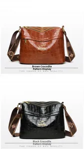 Detailed close-up of multi-layer zipper pockets on faux crocodile leather shoulder bags