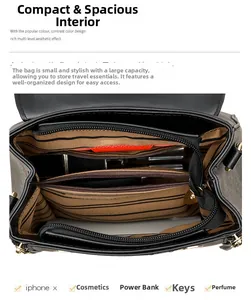 Interior detail of black handbag with brown striped lining and multiple compartments