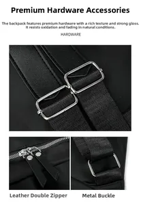 Detailed view of durable silver hardware and leather zipper pulls on black nylon backpack