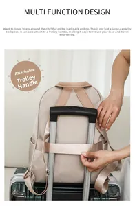 Detail view of nylon backpack featuring a back luggage strap for easy travel attachment