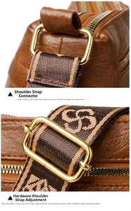 Close-up of golden metal D-rings and adjustable patterned strap on brown leather bag