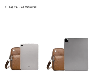 Braune Mini-Handytasche im Größenvergleich neben einem iPad Mini und einem Standard-Tablet