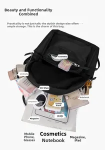 Top view of a large-capacity black nylon backpack showing organized interior storage