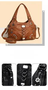 Close-up of vintage faux leather bag details with metal rings and woven leather accents