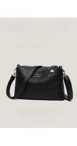 Detail of black crocodile embossed leather handbag with silver zippers and hardware