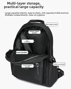 Detailed interior view of black nylon backpack with multi-layer storage compartments