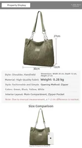 Green corduroy tote bag showing size dimensions and comparison with a smartphone