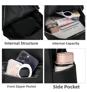 Detail view of large capacity nylon backpack showing multiple interior storage compartments