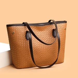 Vintage brown woven tote bag with large capacity and deep coffee handles for women