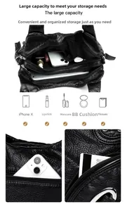 Detail of a black pebbled leather tote with multiple functional pockets and large capacity