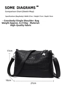 Detail showing dimensions 27x17x10cm of a black crocodile pattern crossbody bag