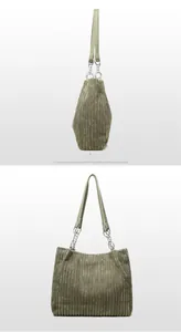 Detail view showing front, side, and back of green corduroy tote bag with silver chain