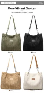 Four corduroy tote bags in green, black, yellow, and white with metal chain straps