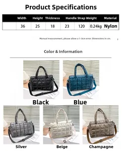Size specifications for quilted nylon shoulder bag with 36cm width and 120cm strap