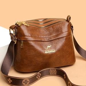 Women Crossbody Bag PU Leather Multi Zipper Pocket Wide Jacquard Strap Stylish Layered Shoulder Purse