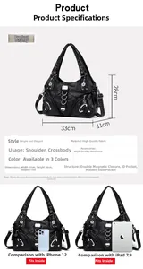 Size chart showing large capacity dimensions and multi-pocket structure for this tote bag