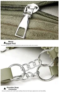 Detail of olive green corduroy bag showing silver metal zipper and shoulder strap buckles