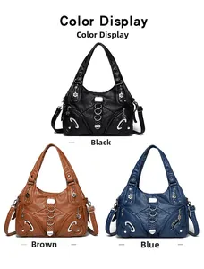 Three-color display of vintage PU leather tote bags in black, brown, and blue colors