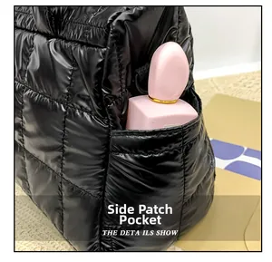 Glossy space cotton tote side pocket detail showing storage capacity with a perfume bottle
