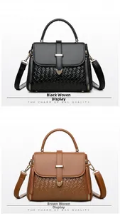 Detail view of woven leather texture on black and brown vintage style handbags