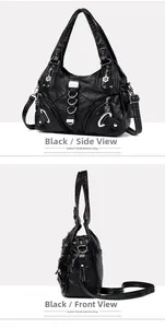 Detail of black pebbled leather tote bag with silver hardware and woven texture
