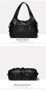 Detail of black faux leather tote back with zipper pocket and silver flower charm