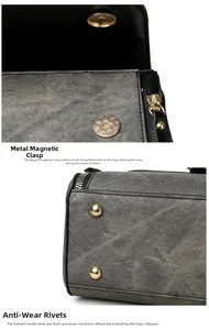 Detail of gold magnetic buckle and protective bottom rivets on grey textured handbag