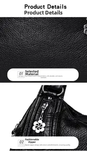 Detail of black lychee grain leather texture and floral silver metal zipper on lady bag