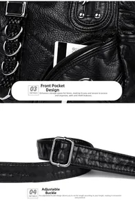 Detailed macro view of black lychee grain leather crossbody bag with adjustable shoulder strap