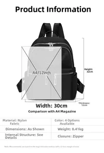 Detaillierte Größentabelle für Nylon-Rucksack mit A4-Vergleich und Maßen 30x12x32cm