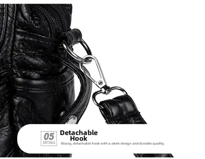 Macro detail of high-quality shiny silver metal detachable hook on black PU leather bag