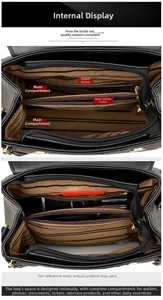 Detail view of black handbag interior with multi-compartment striped lining and gold zippers
