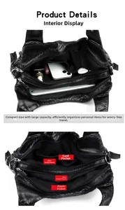 Detailed view of the large capacity interior compartments and pockets of the black tote bag