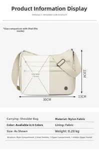 Detailed size chart for beige nylon crossbody bag showing 30x22x13cm dimensions and interior